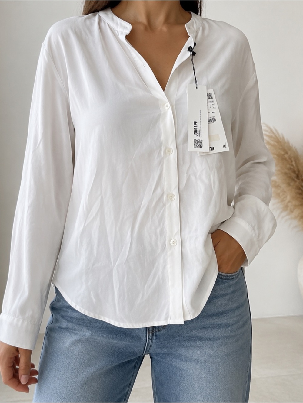 NWT Zara Join Life White Collarless Button-Up Blouse Size L